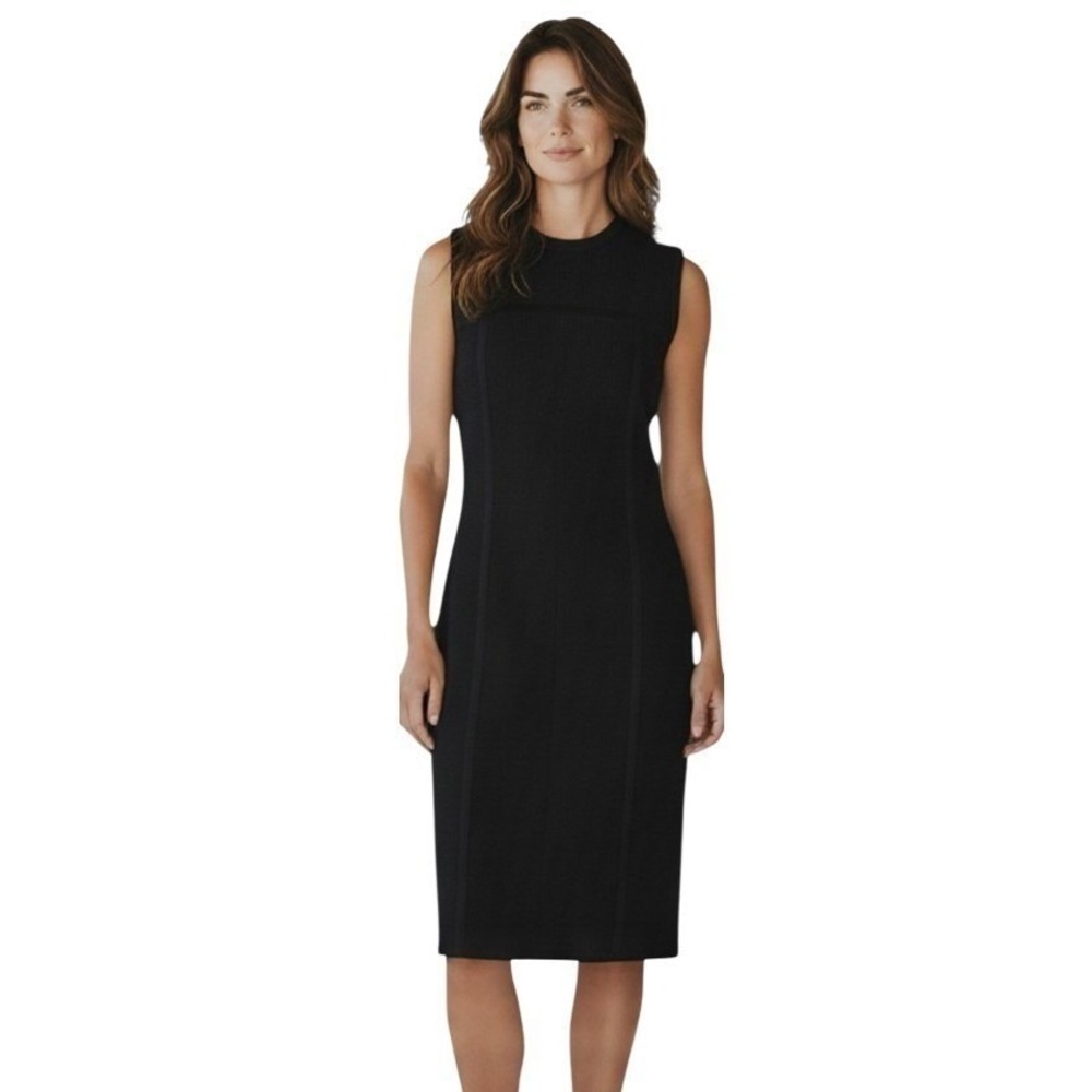 St John Pique Knit Sheath Dress Womens Large Black Sleeveless Knee Length NWT